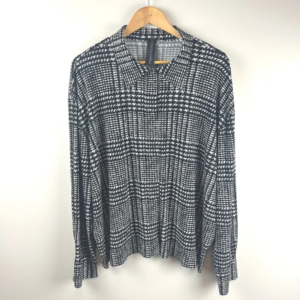 Norma Kamali Black White Oversized Glenn Plaid Tweed Print Boyfriend Shirt Large - Picture 2 of 4